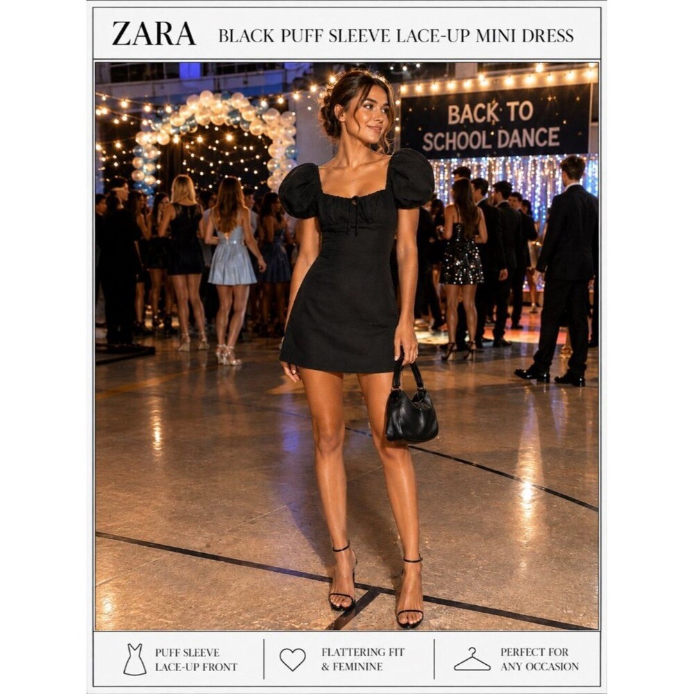 ZARA Black Puff Sleeve Lace-Up Mini Dress size XS homecoming dance occasion LBD